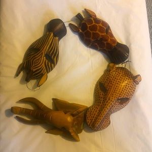 African hand carved Kenya Safari animals wood mask hanging; zebra, giraffe, zebr